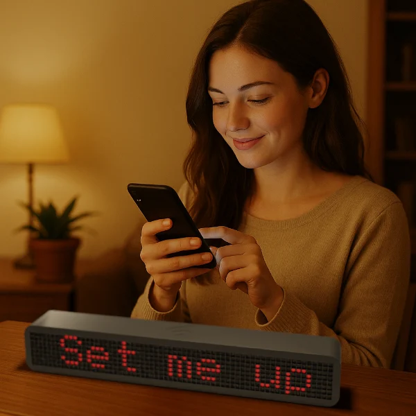 Person richtet SubStripe per Smartphone ein, Display zeigt „Set me up“
